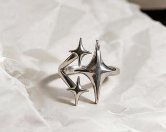 Four Pointed Star Ring | Adjustable Statement Jewelry | Minimalist Celestial Star Stacking Ring | Gift for Her | Dainty Gold Star Rings