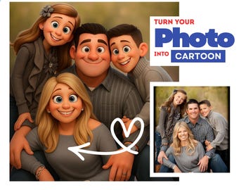 May include: A digitally illustrated family portrait in a cartoon style, featuring a family of five. The image includes the text "TURN YOUR Photo INTO CARTOON". A smaller photo of the family is also included.