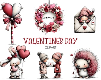 Valentine’s Day Clipart Bundle, Pastel Valentine Illustrations, Hand-Drawn Pink Love Graphics, Romantic Sticker Clipart PNG