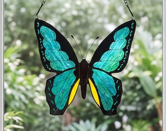 Graphium Sarpedon Stained Glass Butterfly Suncatcher, Handmade Tiffany Style Blue Window Hanging Decor Garden Gift
