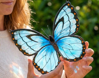 Morpho Menelaus Blue Butterfly Stained Glass Window Hanging, Sun Catcher with Shadow Play, Handmade Nature Home Decor Gift