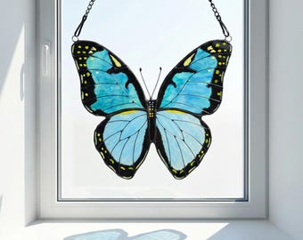 Handmade Blue Butterfly Glass Suncatcher, Tiffany Style Stained Glass Window Art, Elegant Butterfly Hanging Decor, Unique Nature Gift