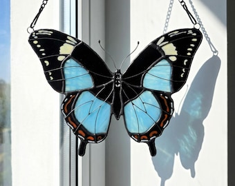 Mother’s Day Gift,Blue Morpho Butterfly Stained Glass Suncatcher, Window Hanging, Handmade Home Decor, Birthday Gift for Her