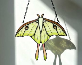 Luna Moth Stained Glass Suncatcher, Handmade Green Moth Window Hanging, Nature Inspired Sun Catcher Home Decor