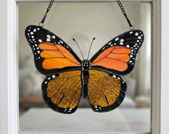 Monarch Butterfly Stained Glass Suncatcher, Handmade Orange Butterfly Window Hanging, Mother’s Day Gift for Mom Nature Home Decor