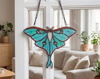Luna Moth Butterfly Stained Glass Suncatcher Window Hanging, Meaningful Gift for Mom Grandma Mother in Law, Handmade Nature Home Decor Art