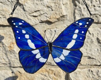 Morpho Helena Butterfly Stained Glass Suncatcher, Blue Morpho Window Hanging, Mother’s Day Gift , Handmade Nature Home Decor