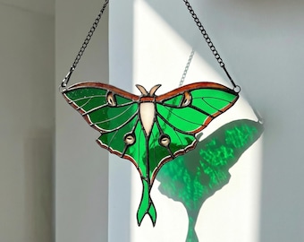 Luna Moth Stained Glass Window Hanging, Green Moth Suncatcher for Window, Nature Inspired Wall Decor