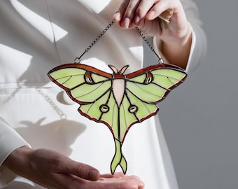 Luna Moth Stained Glass Suncatcher, Moon Moth Butterfly Window Hanging, Handmade Butterfly Decor for Home and Garden