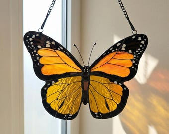 Mother’s Day Gift for Mom Monarch Butterfly Stained Glass Suncatcher, Handmade Orange Butterfly Window Hanging Nature Home Decor