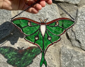 Luna Moth Stained Glass Suncatcher, Green Moon Moth Window Hanging, Stained Glass Window Decor, Handmade Nature Home Decor