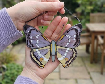Apatura Iris Stained Glass Butterfly Suncatcher, Tiffany Style Purple Emperor Window Hanging Decor
