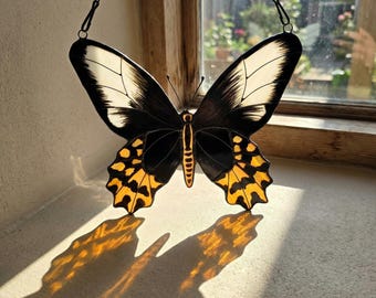 Atrophaneura Butterfly Stained Glass Suncatcher, Black Orange Butterfly Window Hanging, Mothers Day Gift for Mom, Nature Wall Decor