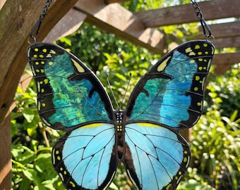 Blue Morpho Butterfly Stained Glass Suncatcher, Handmade Butterfly Window Hanging, Artisan Tiffany Style Glass Art, Nature Home Decor Gift