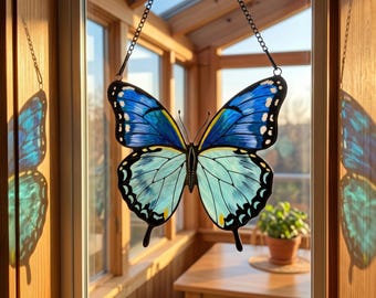 Stained Glass Blue Morpho Butterfly Suncatcher |Handmade Butterfly Window Hanging |Blue Butterfly Glass Art |Nature Inspired Home Decor Gift