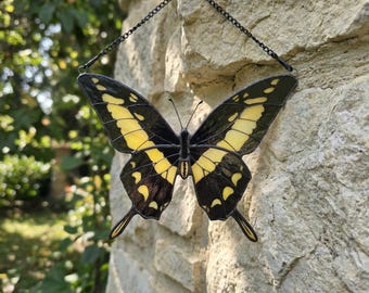 Papilio Astyalus Stained Glass Butterfly Suncatcher, Black Yellow Window Hanging, Nature Decor, Gift for Mom, Butterfly Wall Art
