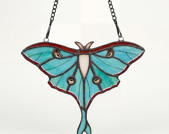 Luna Moth Stained Glass Suncatcher Window Hanging, Handmade Blue Green Moth Glass Art, Mother’s Day Gift, Nature Inspired Home Decor