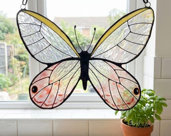 Cithaerias Pireta Butterfly Stained Glass Suncatcher, Handmade Butterfly Window Hanging, Elegant Nature Home Decor, Modern Wall Art