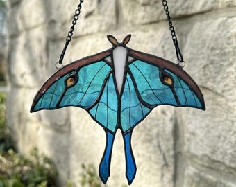 Luna Moth Stained Glass Suncatcher, Handmade Moth Window Art, Blue Green Glass Sun Catcher, Nature Inspired Home Decor Gift for Mom Her