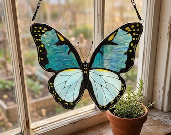 Blue Butterfly Stained Glass Art for Butterfly Lovers, Handmade Tiffany Style Insect Window Hanging, Nature Inspired Glass Decor