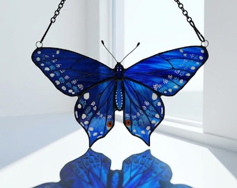Blue Swallowtail Butterfly Stained Glass Suncatcher, Handmade Butterfly Window Art,Elegant Sun Catcher Gift for Mom Nature Lovers Home Decor