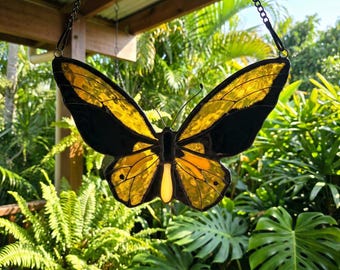 Wallace’s Golden Bird Butterfly Stained Glass Suncatcher, Handmade Black and Gold Butterfly Window Hanging, Elegant Nature Home Decor