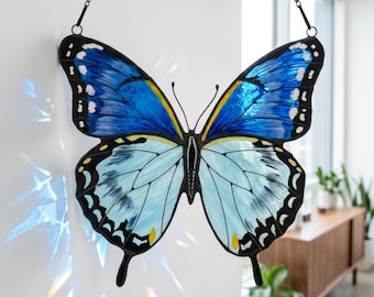 Stained Glass Blue Morpho Butterfly Suncatcher |Handmade Butterfly Window Hanging |Blue Butterfly Glass Art |Nature Inspired Home Decor Gift