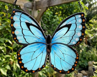 Morpho Menelaus Butterfly Suncatcher, Blue Morpho Stained Glass Window Hanging, Handmade Butterfly Decor, Gift for Mom Grandma Mother in Law