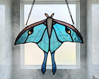 Luna Moth Stained Glass Suncatcher, Blue Green Moth Window Art, Handmade Glass Sun Catcher for Calm Home Decor and Nature Inspired Spaces