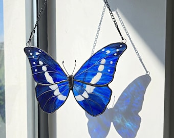 Blue Morpho Helena Butterfly, Stained Glass Suncatcher Window Hanging, Handmade Blue Butterfly Art Decor, Nature Inspired Home Decor