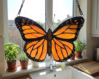 Monarch Butterfly Stained Glass Suncatcher, Handmade Butterfly Window Hanging, Orange and Black Nature Inspired Home Decor