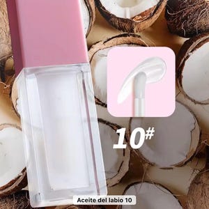 May include: A clear lip oil tube with a pink cap, next to a small square showing a close-up of the applicator. The number 10# is printed in white. The background features coconut halves.