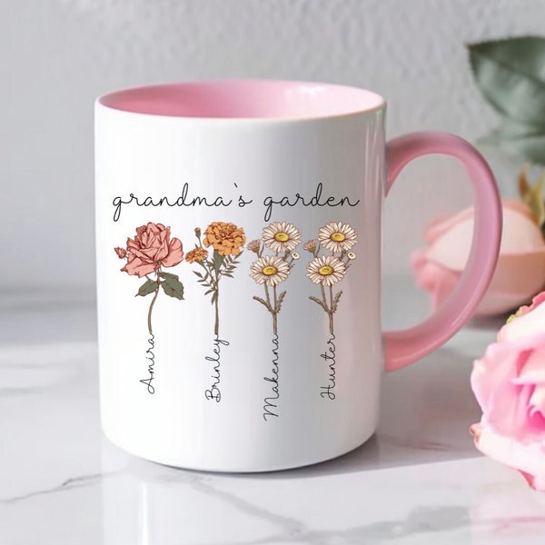 Mug fleur de naissance personnalisé - Tasse à café personnalisée jardin de grand-mère avec nom, cadeau de Noël pour grand-mère, tasse à café unique pour maman