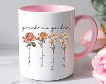 Taza de flores de nacimiento personalizada - Taza de café personalizada del jardín de la abuela con nombre, regalo de Navidad para la abuela, taza de café única para mamá