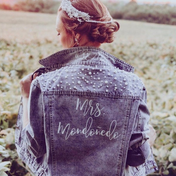 Personalized Bride Denim Jacket with Pearls - Custom Mrs Jean Jacket, Wedding Gift with Last Name, Bridal Shower Gift, Bachelorette Party