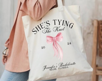 Custom Location Canvas Tote Bag, Pink Bachelorette Favor Bags, Bride's Name Bach, Coquette Bow Bridesmaid Gift Bag, Gift for Bachelorette