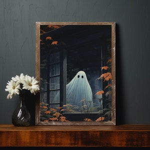 Ghost looking out a Window during Fall, Spooky Ghost Print, Halloween Home Decor, Ghost Art Poster, Digital Wall Art, Dark Academia Print