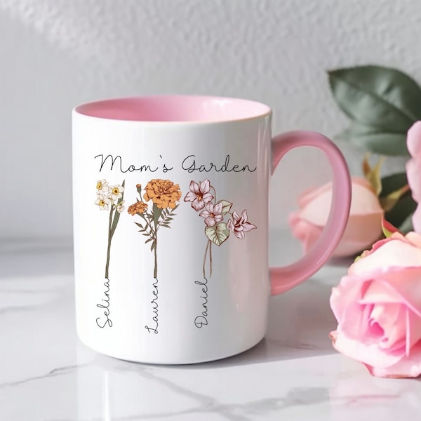 Tazza personalizzata con fiore di nascita, regalo per la mamma - Tazza da caffè personalizzata da giardino della nonna con nome, regalo per la festa della mamma per la nonna, tazza da caffè unica per la mamma