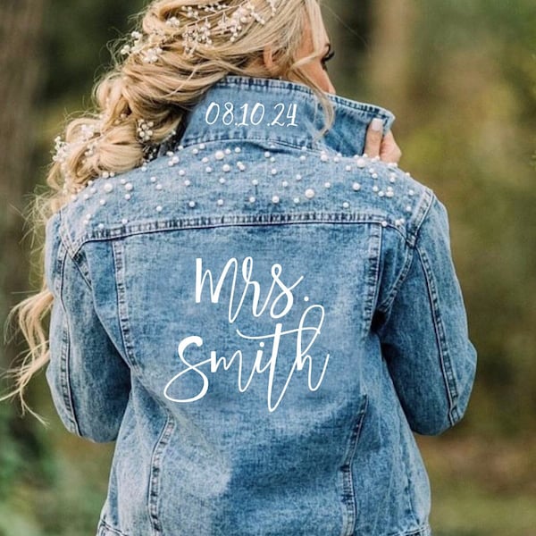 Wedding Bridal Denim Jacket, Bride Denim jacket with pearls, Mrs Custom Jean Jacket, Date under the collar jacket, Personalized jacket