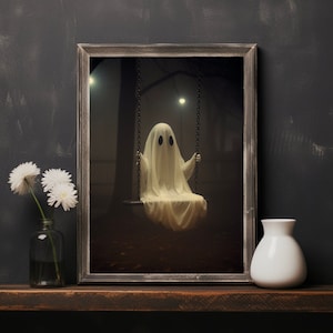 Ghost On The Swing Art Print, Halloween Indoor Decoration, Digital Art Print, Dark Academia Home Decor, Spooky Wall Art, Fall Decoration