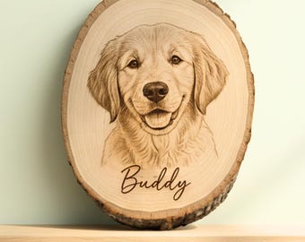 Pet Memorial Plaque - Personalized Dog photo engraved live edge wood slab Custom Pet Tribute