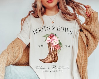 Pink Bow & Cowboy Boots Nashville Bachelorette Shirt - Cute Custom Bride Tee, Western Cowgirl Theme, Personalized Location Party Favor