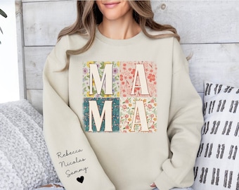 Custom Mama Sweatshirt with Kid Name on Sleeve, Personalized Mom Shirt, Momma Sweatshirt, Mother's Day Gift for Mom, Gift for Her