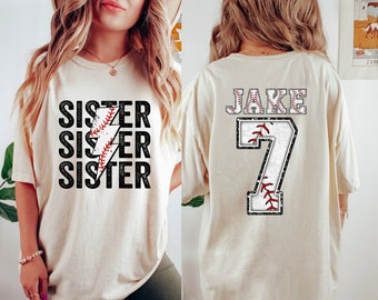 Personalized Baseball Sister Shirt, Custom Game Day Baseball Tee, Name & Number Sister Top, Gameday Sports Tee, Unique Baseball Jersey