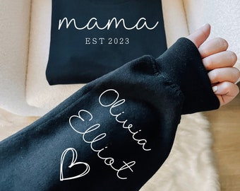Custom Mama Sweatshirt with Date and Children Name on Sleeve, Mama Sweatshirt, Minimalist Mama, Symbolic Imports, Gift for Mom