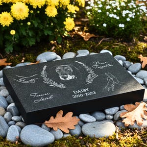 Engraved granite pet memorial stone featuring a dog portrait, wreath engraving, and the words Forever Loved and Never Forgotten — personalized black granite headstone for outdoor pet grave or garden remembrance marker.