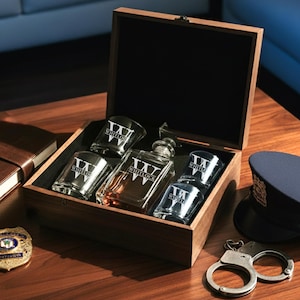 Police Retirement Gift – Personalized Whiskey Decanter Set, Engraved Bourbon Glass for Police Officer
