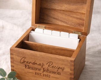 Wooden Recipe Box Personalized Engraved Grandma Gift Mom Heirloom Keepsake with Cards