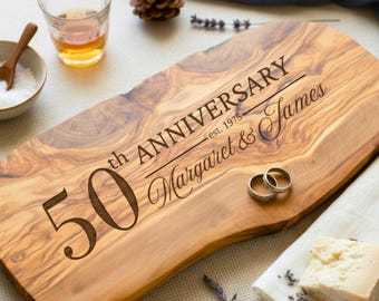 50th Anniversary Gift – Olive Wood Cutting Board, Personalized Charcuterie Golden Wedding Keepsake