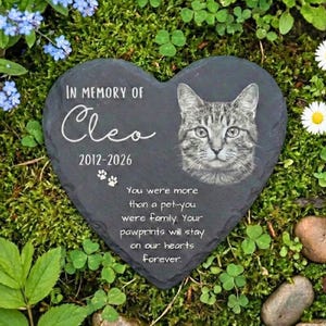 ```
Personalized cat memorial stone with custom photo engraving heart shaped slate garden grave marker with pet name dates and sympathy message outdoor cat loss remembrance gift